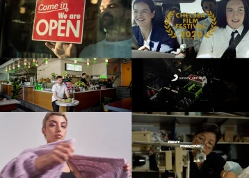 Compilation of video frames showing various cinematic scenes including characters in a car, a cafe interior, and close-up portraits.