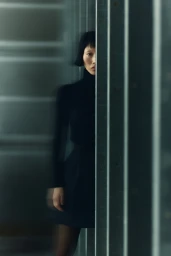 Woman in black turtleneck and skirt partially obscured behind vertical metal framing members