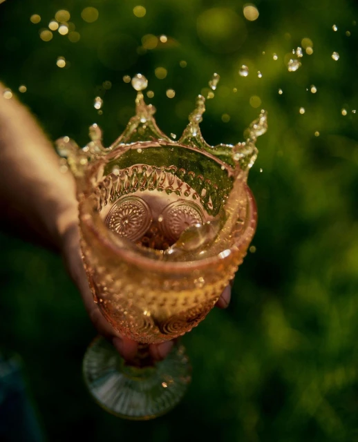 Close-up of hand holding a pink glass with liquid splashing against a blurred green background, showing a dynamic moment frozen in time.