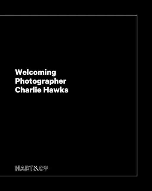 Promotional text for photographer Charlie Hawks, presented against a black background with white text and a simple geometric border.