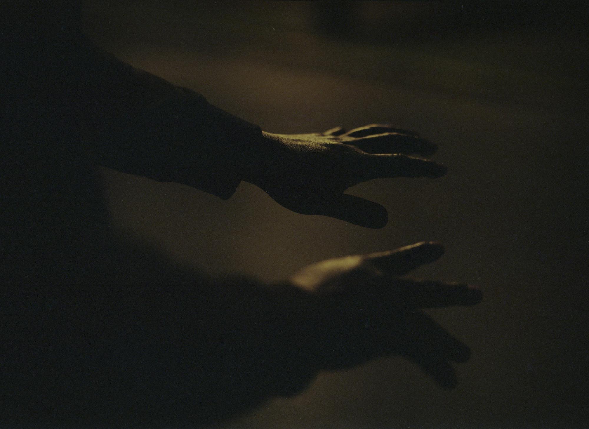 Silhouette of two hands reaching out in a dark, hazy environment with a muted, desaturated color palette.
