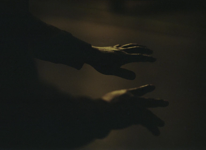 Silhouette of two hands reaching out in a dark, hazy environment with a muted, desaturated color palette.