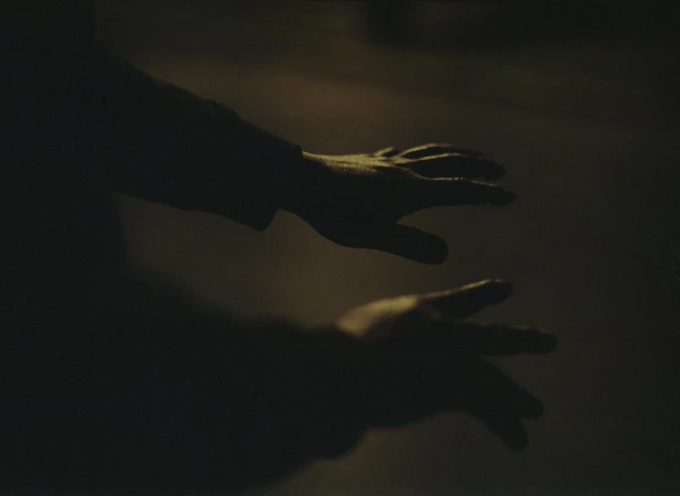 Silhouette of two hands reaching out in a dark, hazy environment with a muted, desaturated color palette.