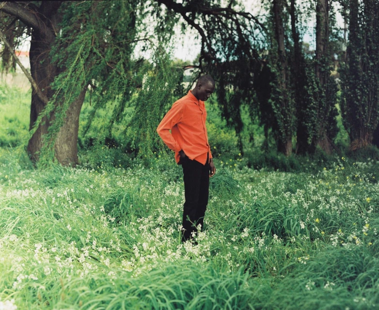 Adult male standing in a grassy meadow in front of trees wearing an orange shirt and black pants outdoors on a sunny day.
