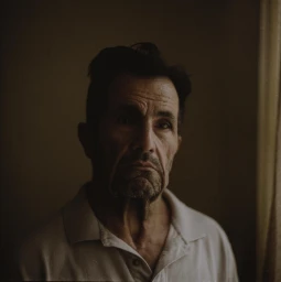Portrait of an elderly man wearing a white polo shirt against a dimly lit background with a curtain