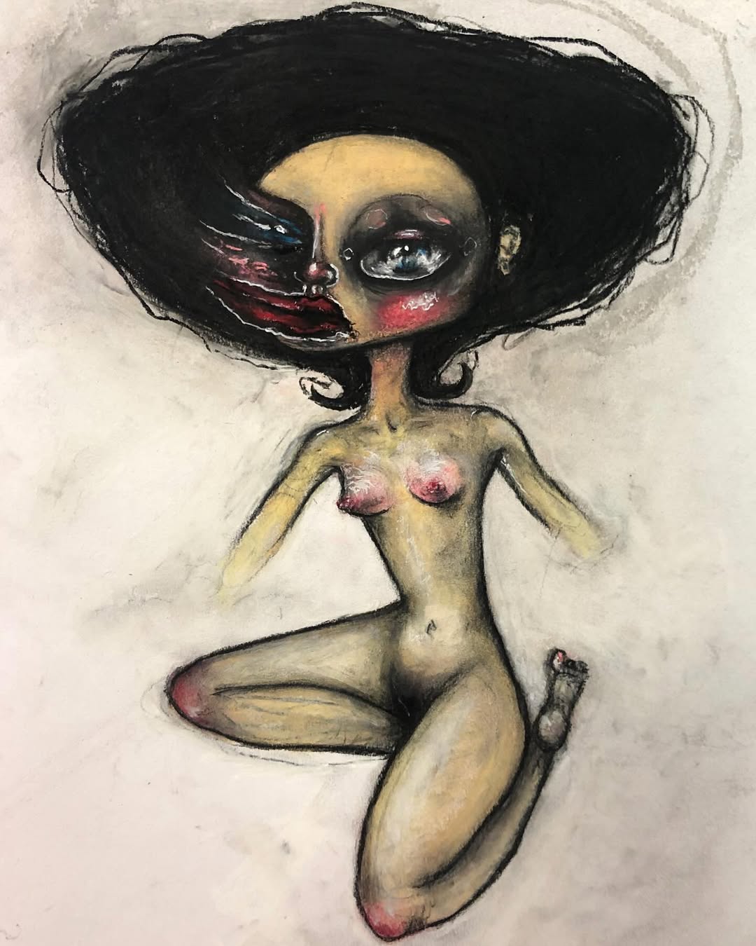 Illustration of a surreal nude humanoid figure with black hair, pale skin, and exaggerated features, created using art techniques on paper.
