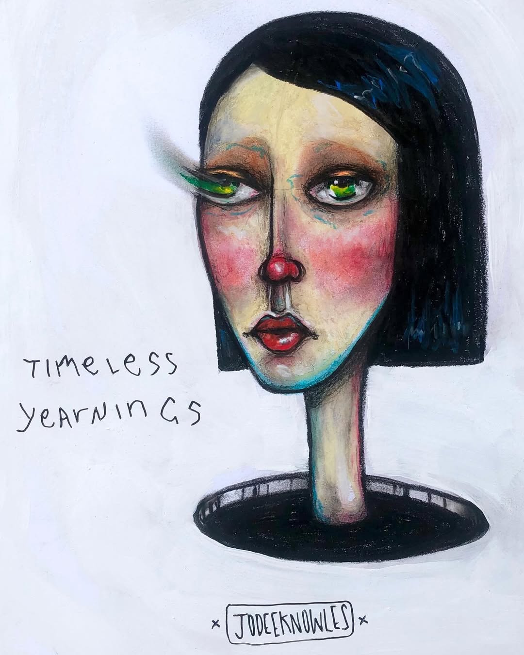 Stylized digital portrait of a woman with green eyes and black hair, set against a white background with artist's signature visible.