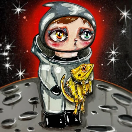 Whimsical illustration of a child astronaut in a spacesuit holding a bearded dragon on a moon-like surface with a star-filled background.