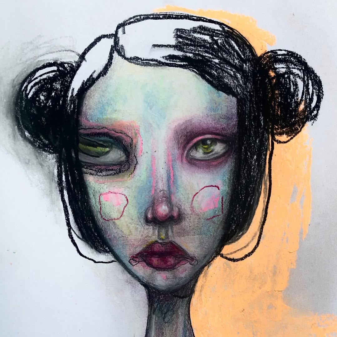 Artistic portrait of a young woman with black space buns and green eyes, rendered in pastel and charcoal on a white background.