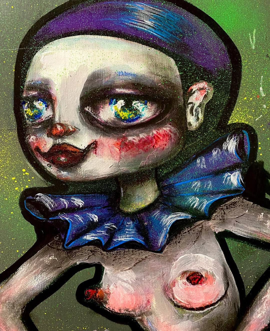 Artwork of a pale, exaggerated female clown figure with colorful facial makeup, wearing a ruffled blue collar and a violet hat against green.