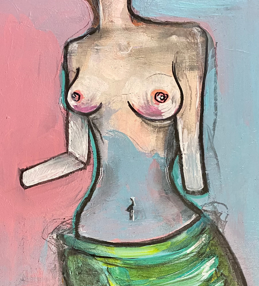 Painted nude figure with one arm, wrapped in green cloth, against a pink and blue background on canvas, in fine art style.