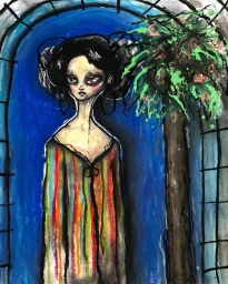 Expressive painted portrait of a stylized woman with dark hair standing before a deep blue background and arched window by Jodee Knowles.