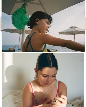 Two-panel portrait of a young girl under a beach umbrella looking out to sea, and a young woman looking down at her phone indoors