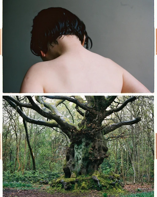 Back of a person's head and shoulders in upper frame; large tree in forest setting with mossy trunk and branches in lower frame.