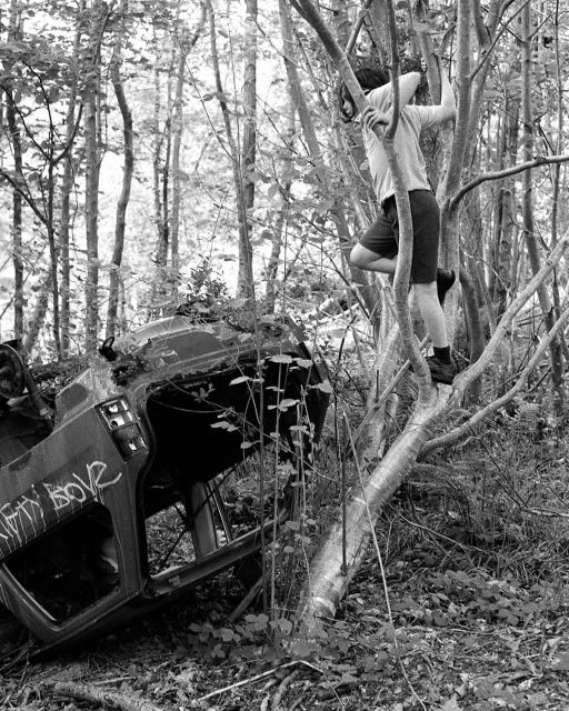 Monochrome image of a person climbing a tree near an overturned vehicle in a wooded area with lush foliage, creating a sense of adventure.