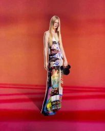 A blonde female model wearing a long patterned slip dress and holding a round black handbag against a red gradient background.