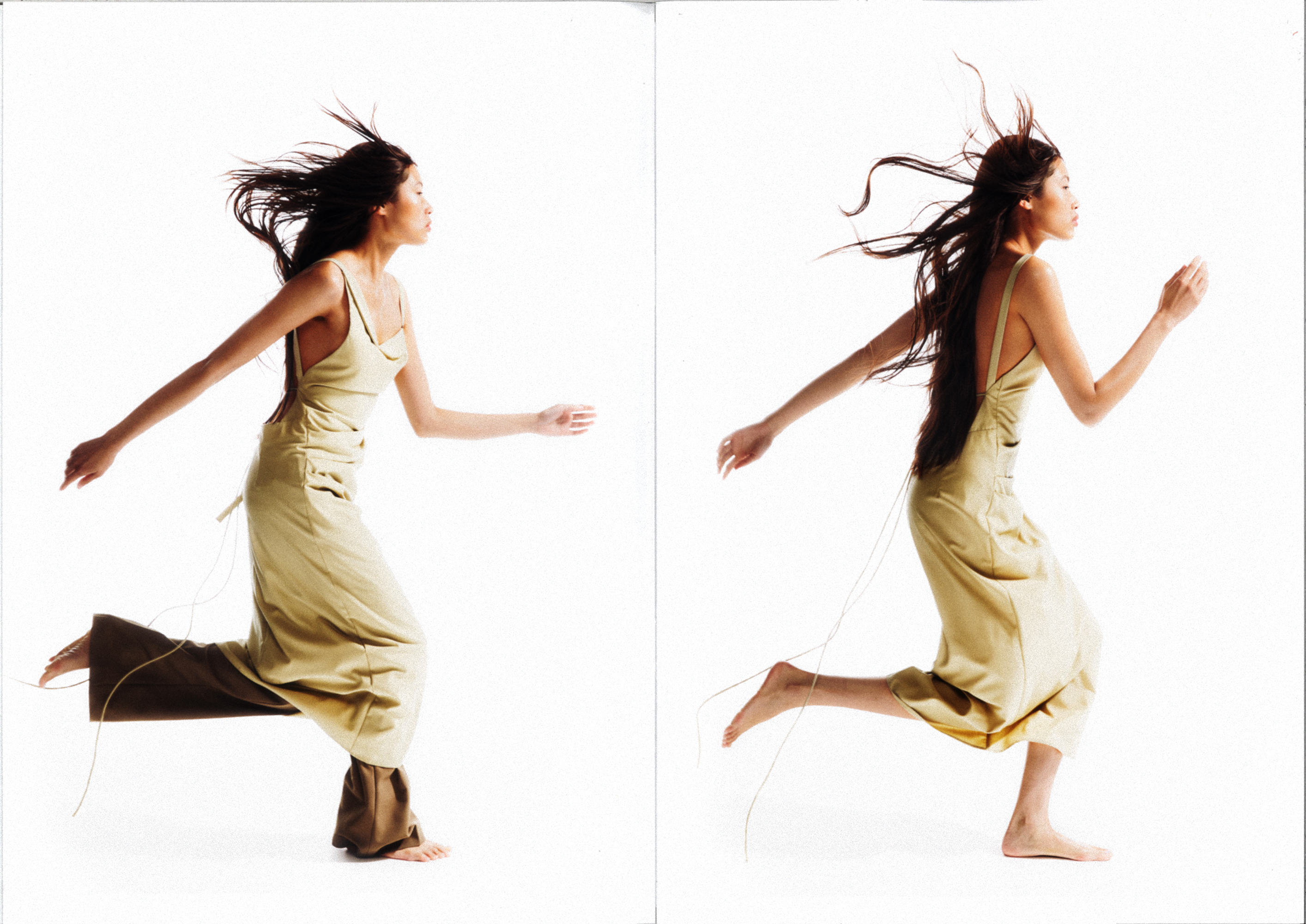 Two views of a woman in motion, wearing a light yellow jumpsuit and captured against a bright white background, conveying movement and style.