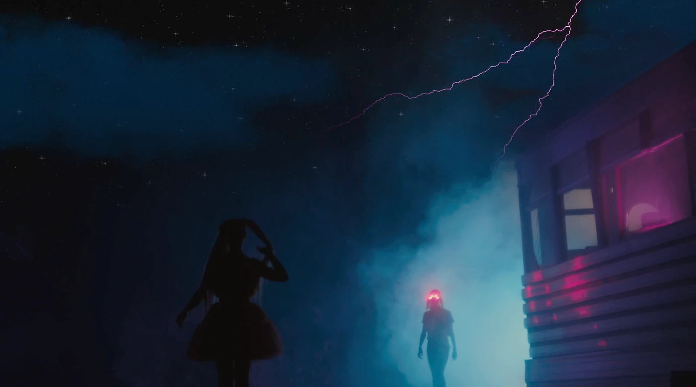 Silhouette of a person dancing under a pink lightning bolt and starry night sky next to a glowing building and another figure in fog.