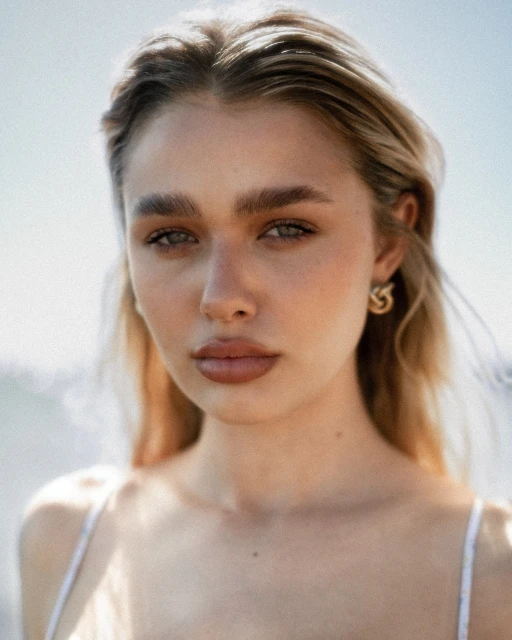 Close-up portrait of a blonde woman with neutral makeup and gold earrings in natural light with a blurred beach background.