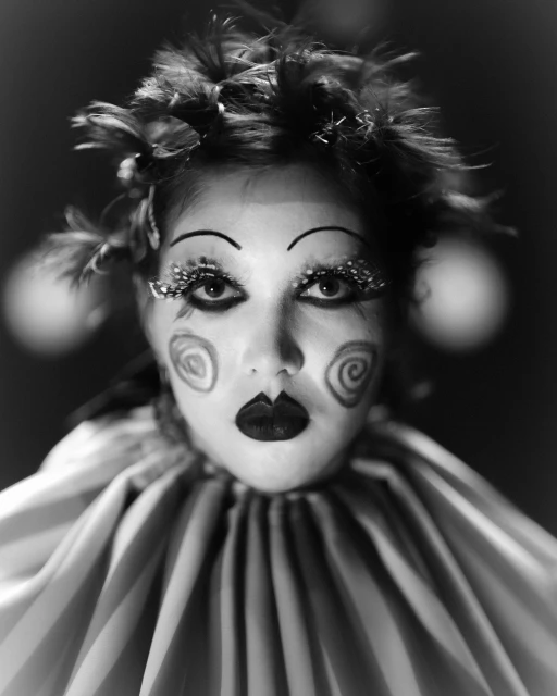 Black-and-white portrait of a person with dramatic makeup and a feathered headpiece, adorned in a striped ruffled collar.