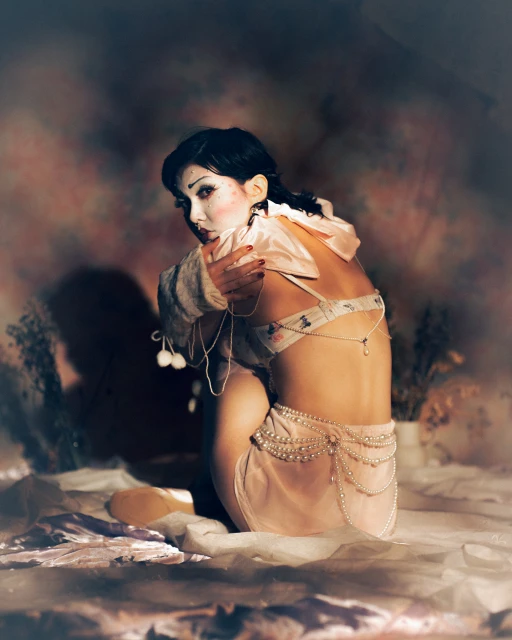 Young woman with white face makeup and a pearl body chain sitting on a tulle cloth in a photo studio with a blurred background.