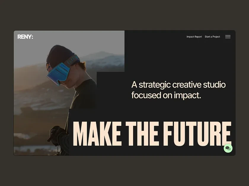 Website landing page showcasing a person in ski goggles and a beanie, alongside text promoting a strategic creative studio.