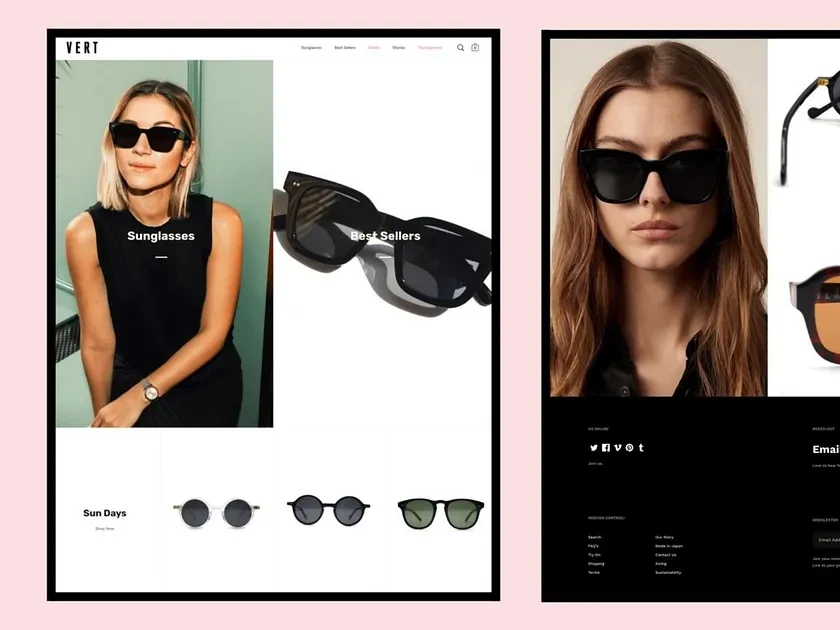 Online eyewear advertisement featuring women wearing sunglasses and display of other frames and brand logo on a digitally rendered webpage.