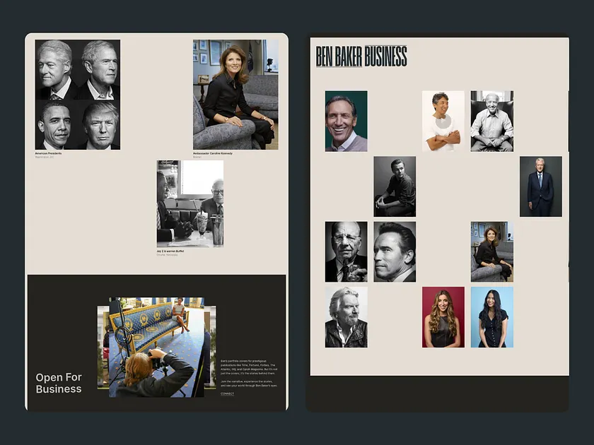 Compilation of celebrity portraits including politicians, actors, and business professionals with a layout designed for 'Ben Baker Business'.