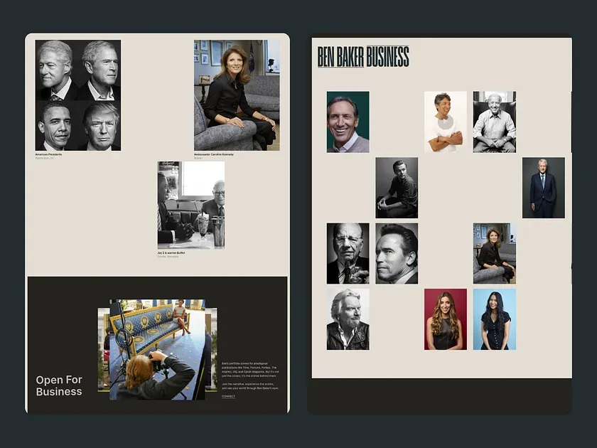 Compilation of celebrity portraits including politicians, actors, and business professionals with a layout designed for 'Ben Baker Business'.