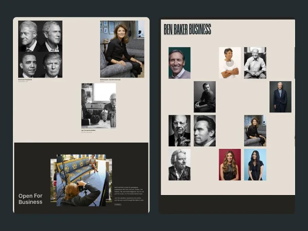 Compilation of celebrity portraits including politicians, actors, and business professionals with a layout designed for 'Ben Baker Business'.