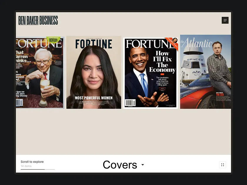 Various magazine covers featuring portraits of Warren Buffett, Barack Obama, Elon Musk, and a woman, alongside text and titles.
