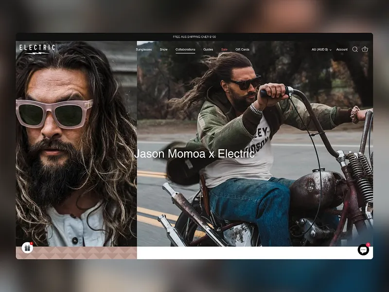 Advertisement featuring Jason Momoa wearing sunglasses and riding a motorcycle. Electric brand collaboration, outdoor lifestyle imagery.