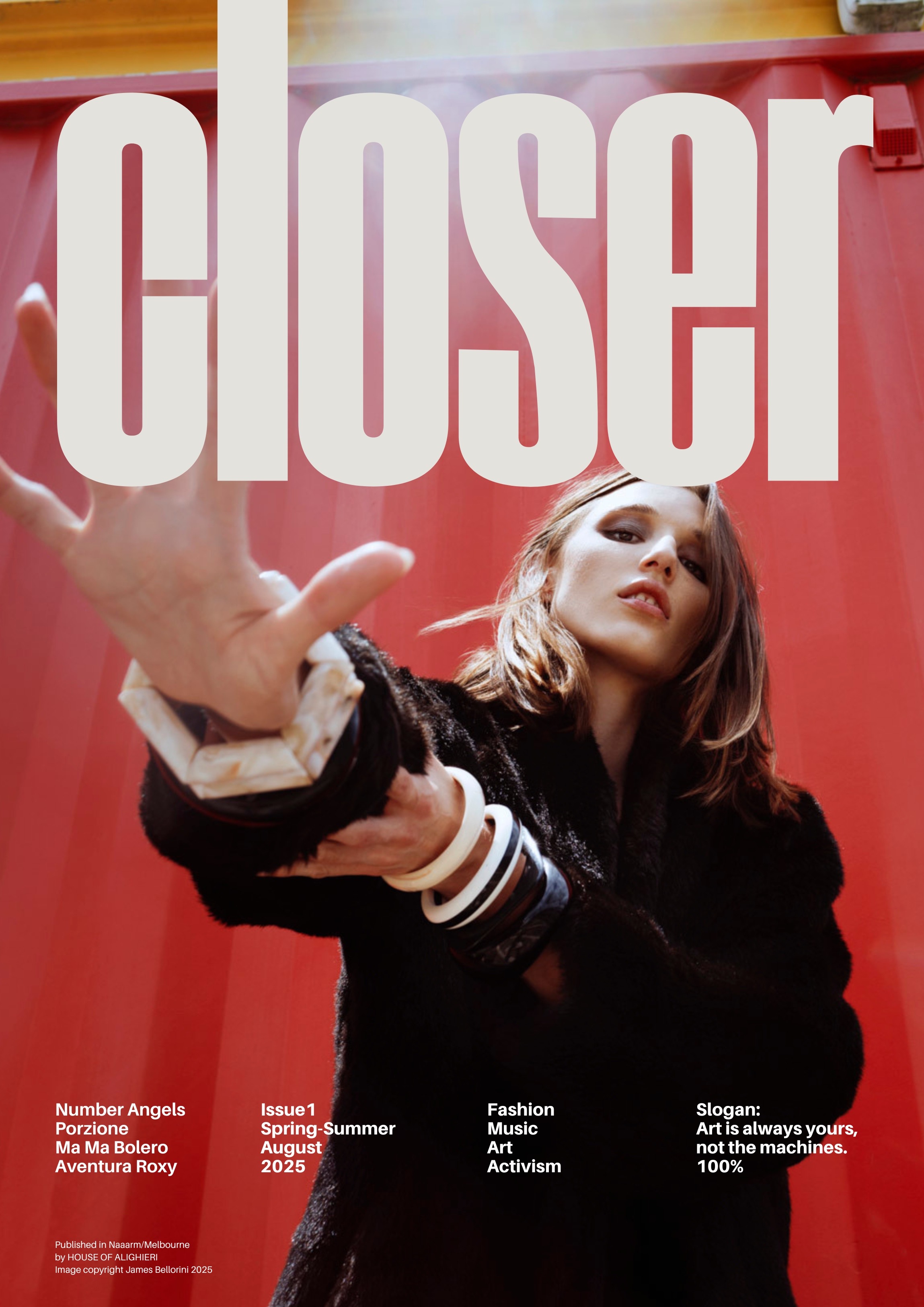 Magazine cover featuring a woman in a black jacket with white bracelets, posing against a red background with large white text overlay.