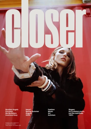 Magazine cover featuring a woman in a black jacket with white bracelets, posing against a red background with large white text overlay.