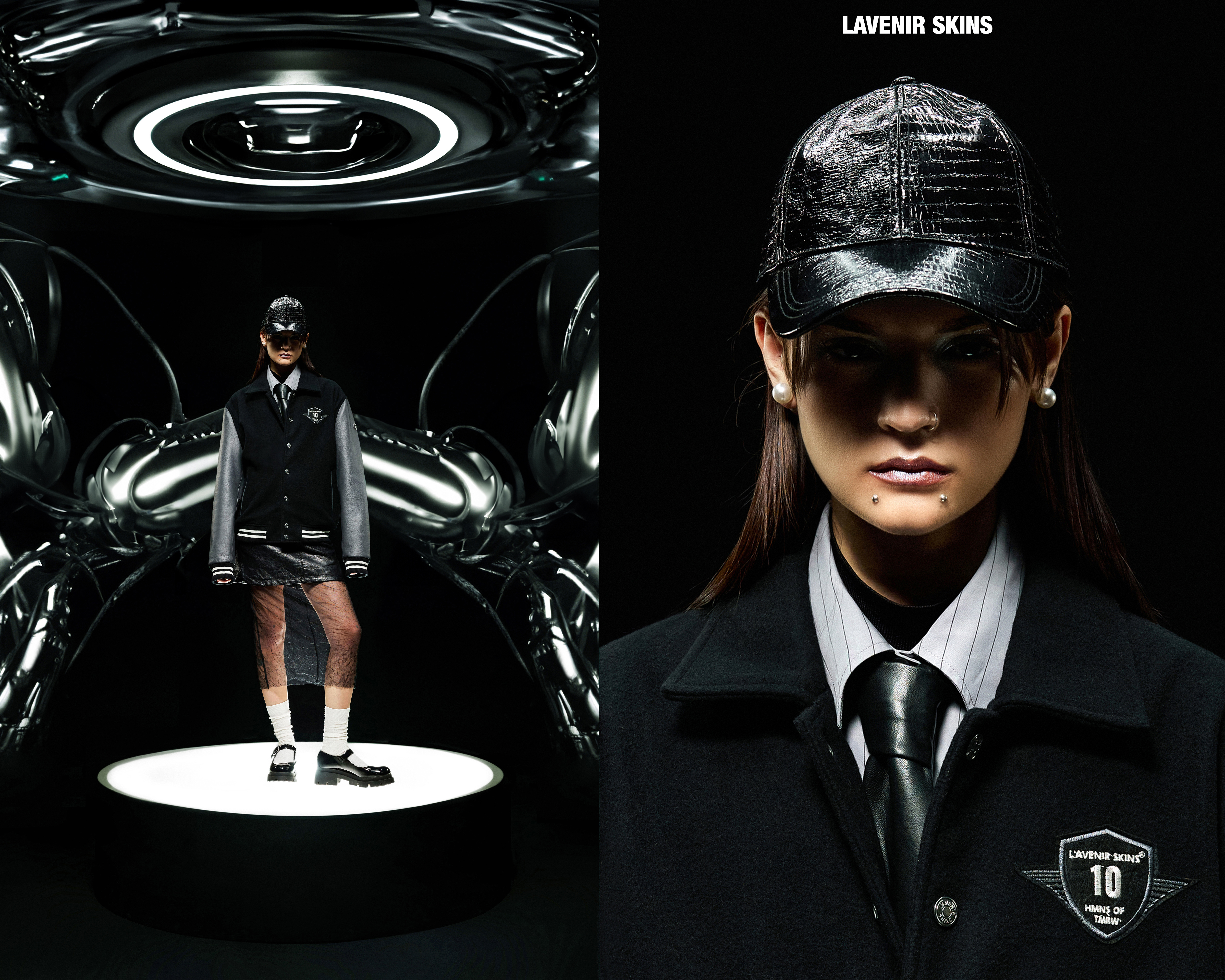 Fashion-forward woman in a futuristic photo studio. She wears a letterman jacket, mini skirt, baseball cap, and platform shoes.