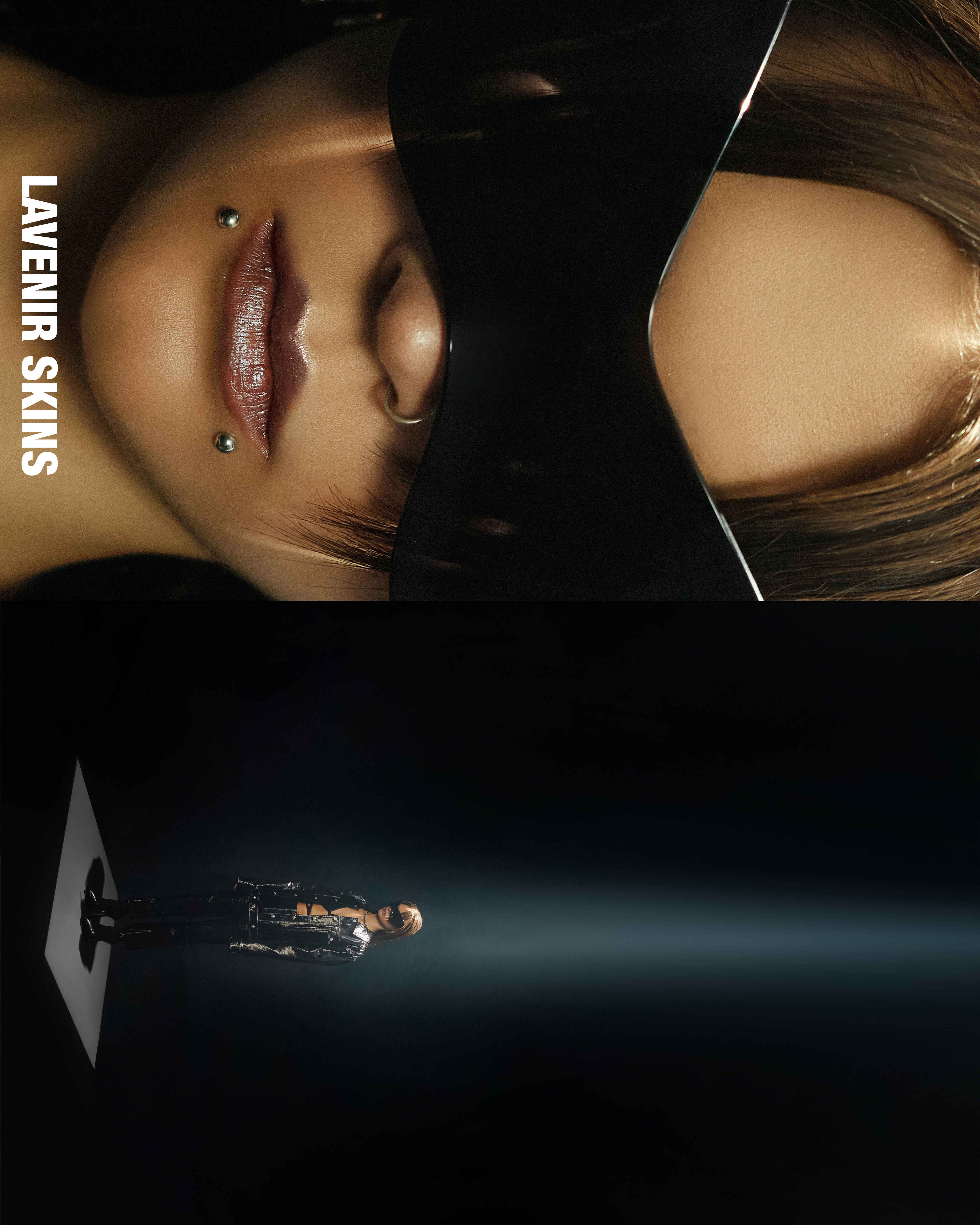 Close-up fashion shot of a person in a visor contrasted with a full body shot of the same person in a dark studio space.