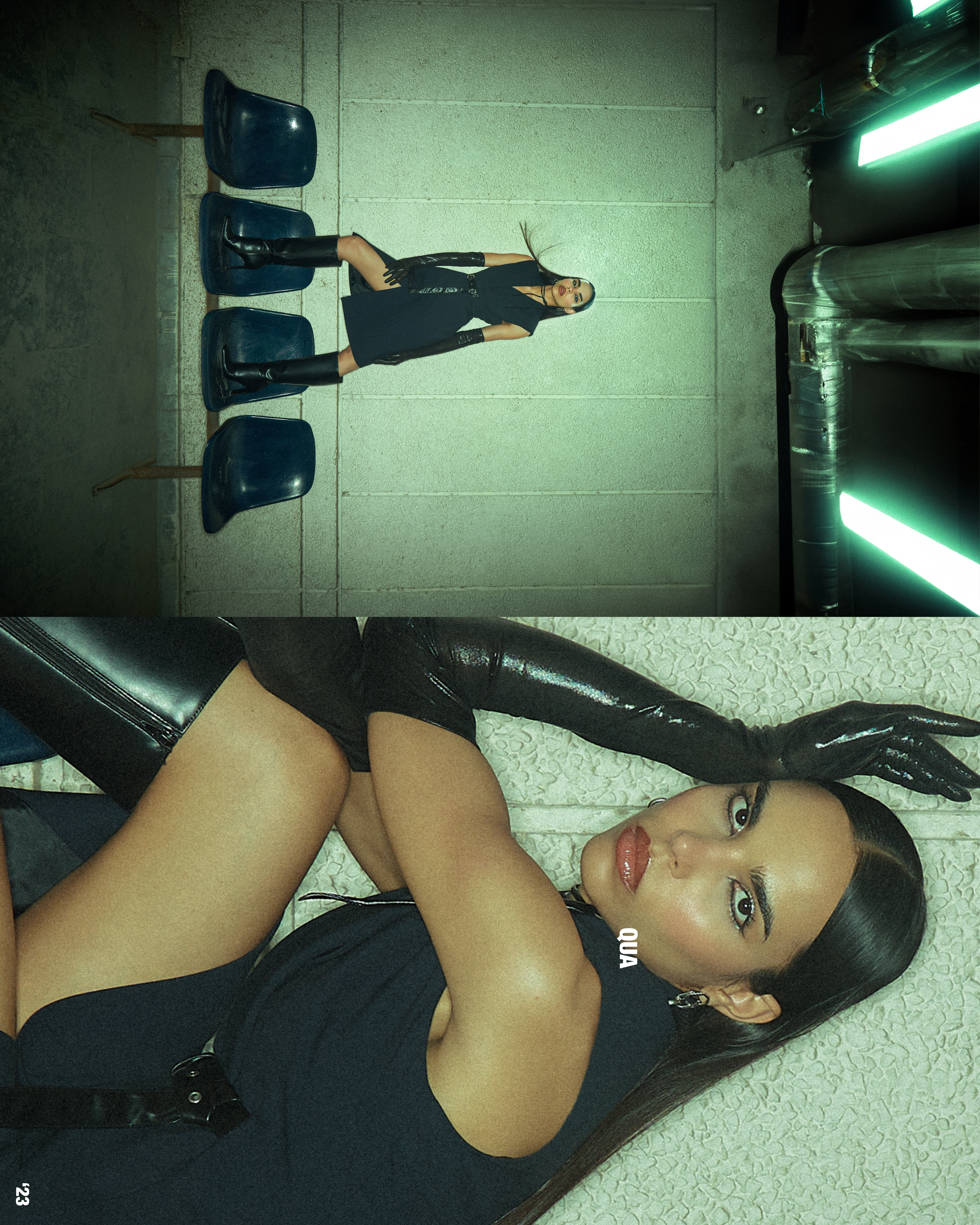 Fashion editorial shot of a woman in a black dress and gloves, posing in an urban environment with chairs and pipes.