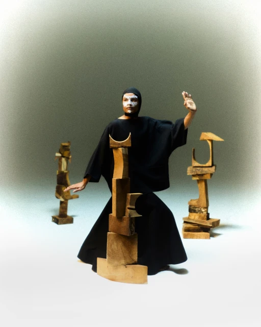 Abstract fashion photography featuring a person in black avant-garde clothing and white face paint, posing with modern wood sculptures.