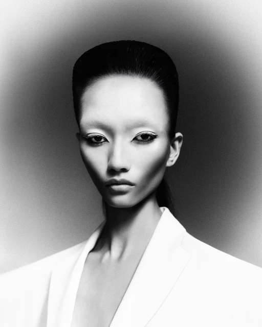 Monochrome close-up portrait of an Asian woman with dramatic makeup, slicked-back hair, and a white jacket against a neutral background.