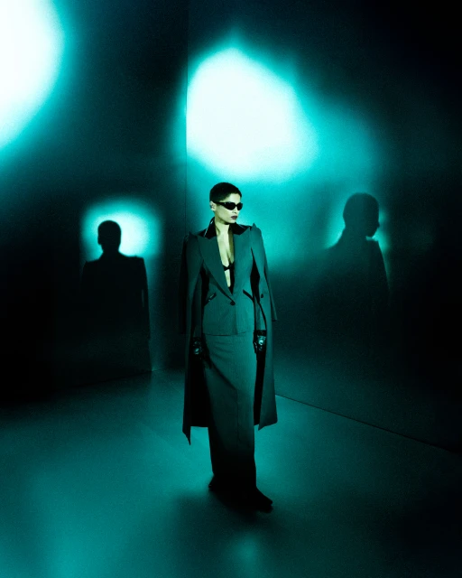 Woman in a stylish black suit and sunglasses standing in a dark room with dramatic lighting and shadows, creating a fashion editorial image.