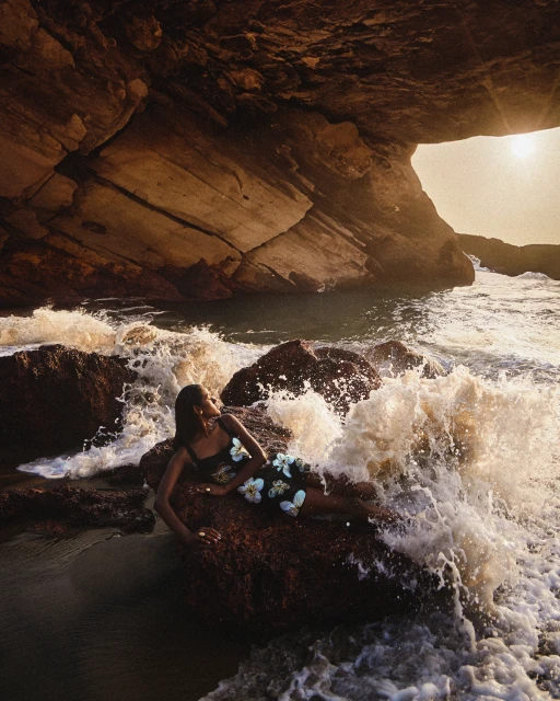 A woman in a floral dress lounges on rocks as waves crash around her, set against a cave entrance framing a sunset ocean view.