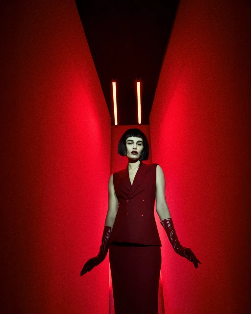 A woman in a red vest and skirt stands in a red hallway under two lights. She wears long red gloves and has short dark hair with bangs.