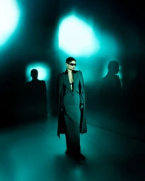 Model with a buzzcut wearing sunglasses and a structured charcoal blazer jacket standing against a turquoise wall