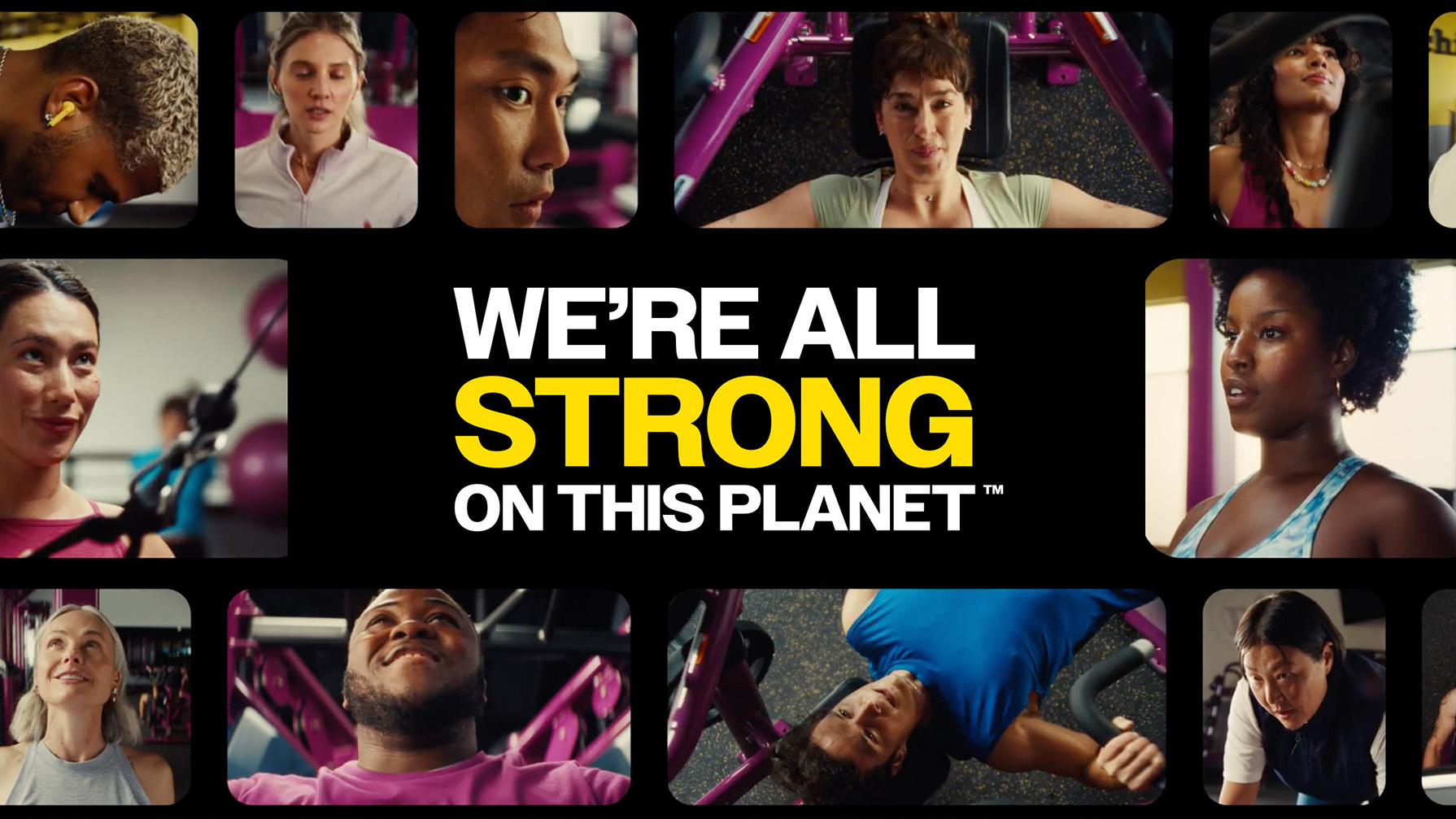 People of diverse backgrounds and ethnicities exercising at an indoor gym facility with text that reads: We're all strong on this planet.