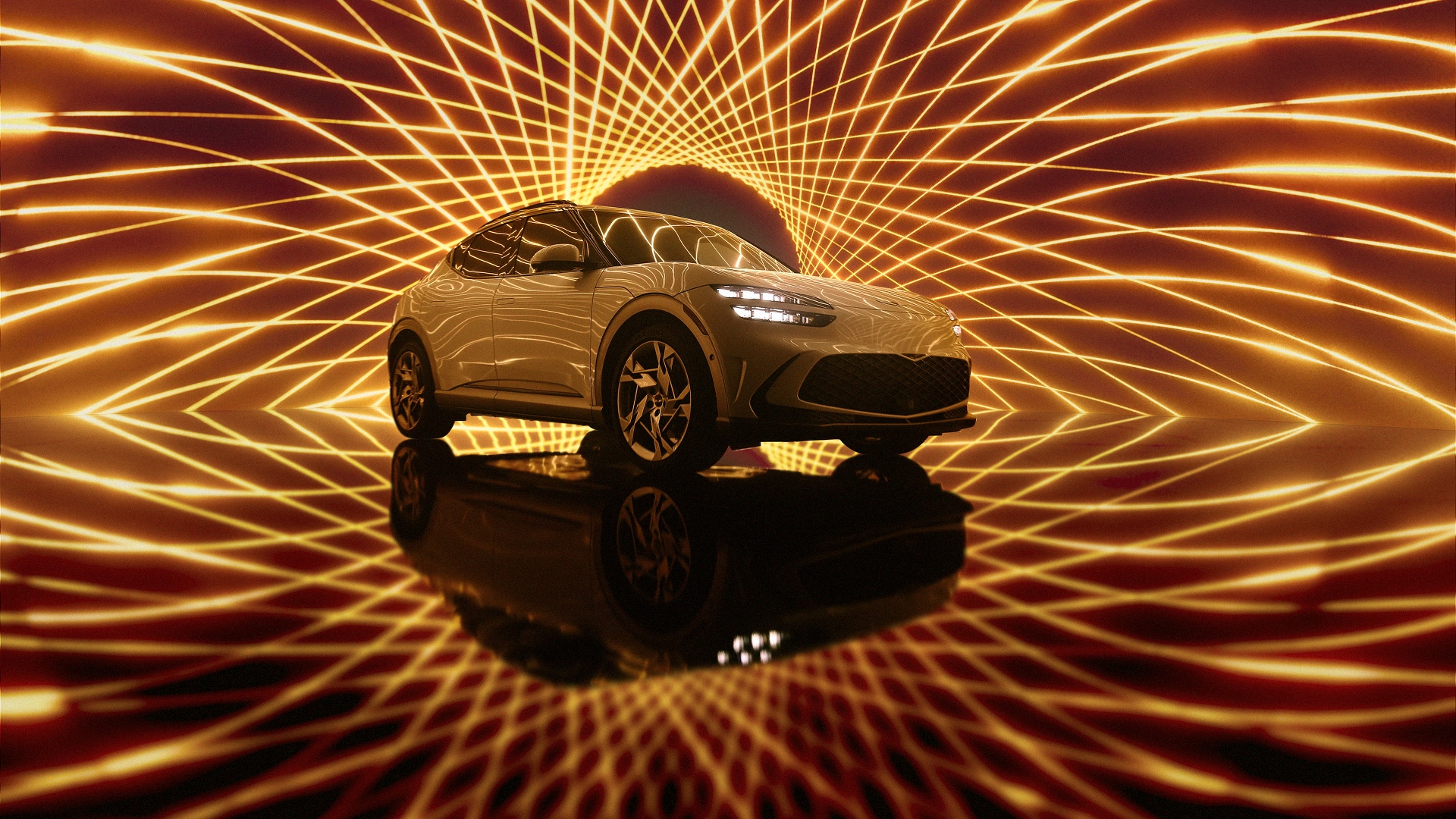 A white SUV-style car is presented with a dark background and reflective floor, with glowing orange lines around it.