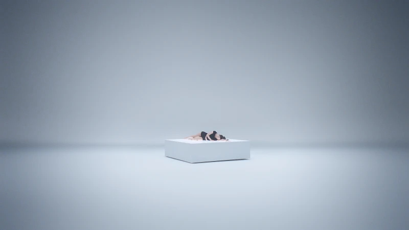 A person lying curled up on a raised white rectangular block in a minimalist grey studio space.