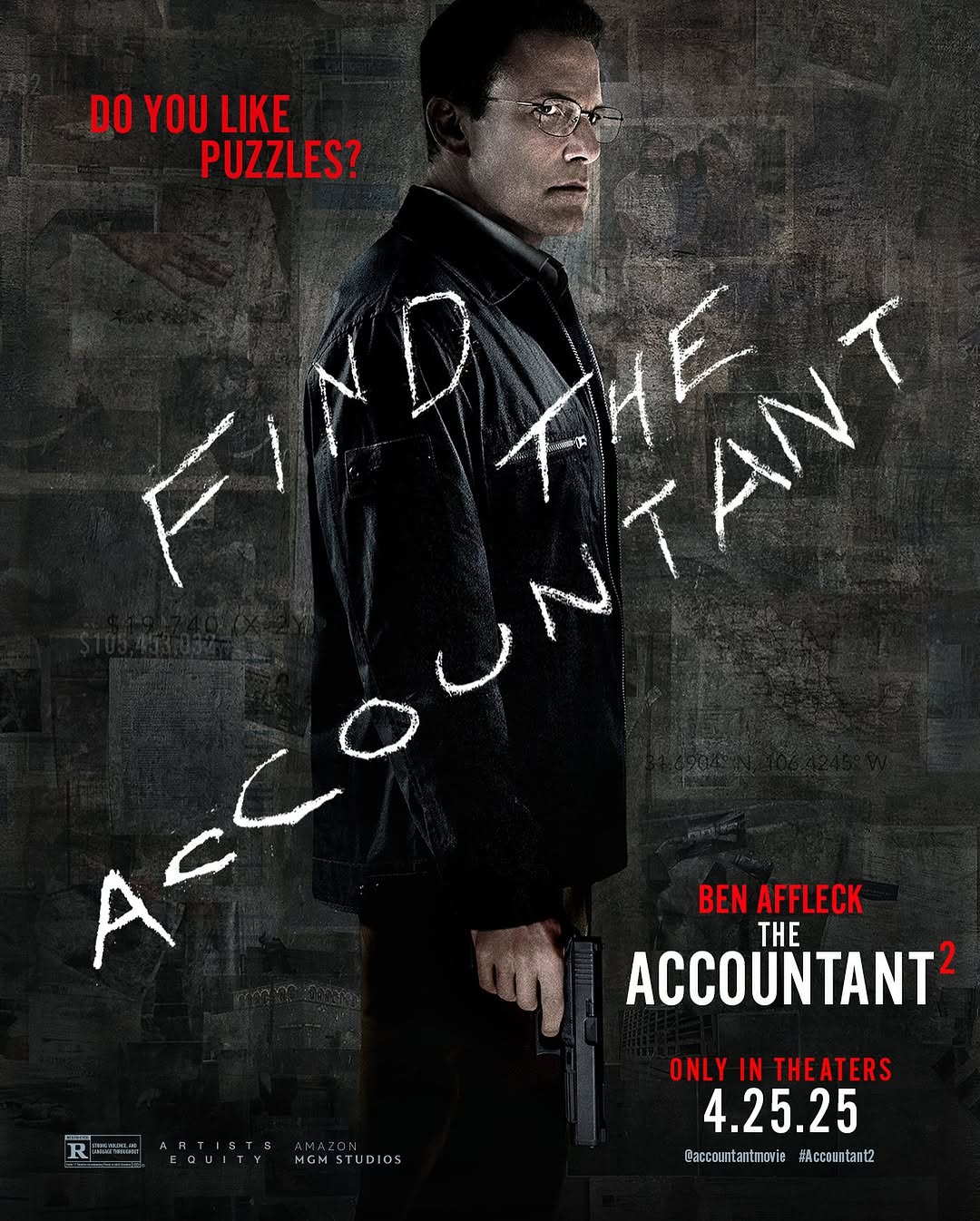 Movie poster featuring Ben Affleck in 'The Accountant 2,' holding a gun, against a textured gray background with stylized white lettering.