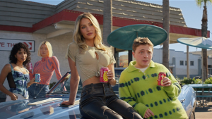 A group of young adults posing with soda cans on a car hood in front of a fast-food restaurant, featuring modern fashion and outdoor setting.