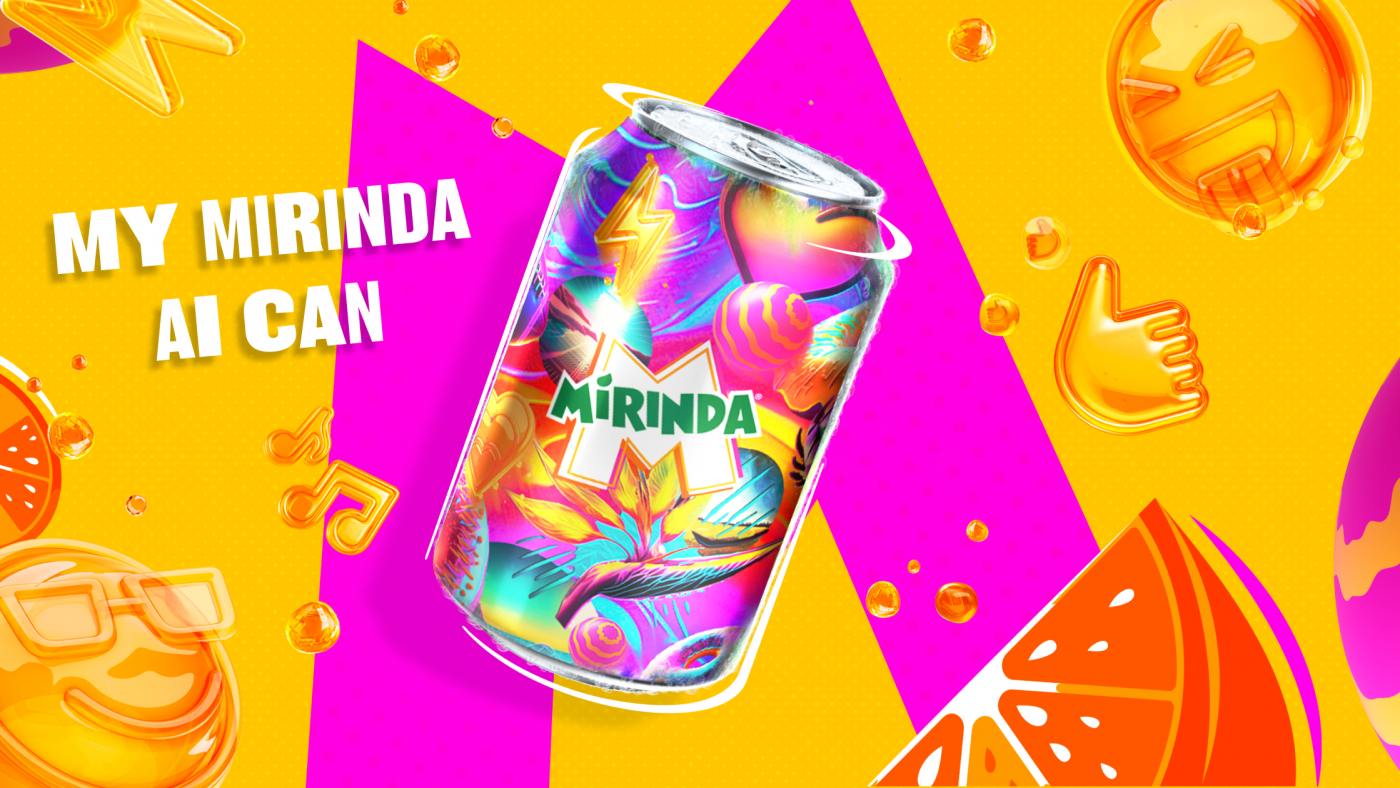Mirinda soda can with colorful AI-generated graphics in a vibrant studio setting featuring liquid emojis and sliced orange.