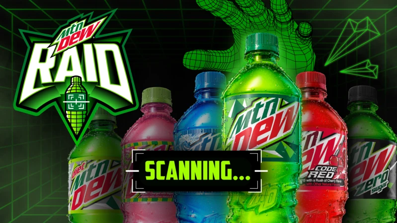 Mountain Dew ad featuring assorted flavors, including original, Code Red, and Zero Sugar, bottles arranged on a black background.